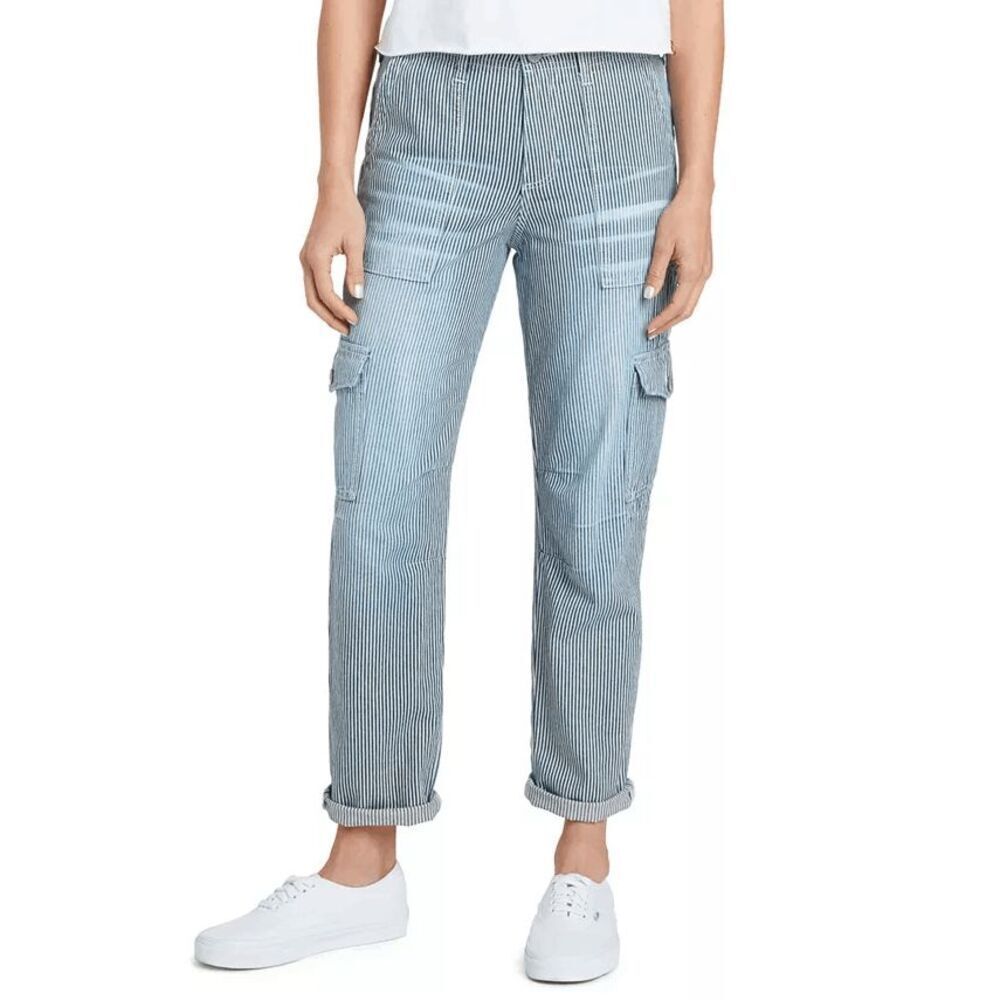 Dickies Juniors' Women's Striped Cuffed Cargo Pants - Navy White M